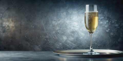Elegant glass of bubbly champagne on a silver tray, celebration, luxury, festive, drink, alcohol, sparkling, cold