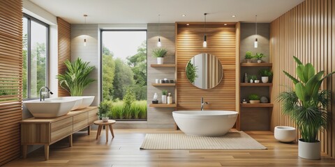 Modern bathroom interior with wooden decor in eco style, modern, bathroom, interior, wooden, decor, eco, style