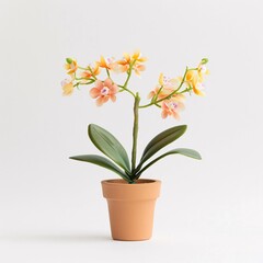 Fototapeta premium Miniature clay pot with tiny orchid flowers, designed in delicate pastel colors, facing front on a white background, high resolution, DSLR