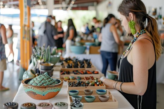Vibrant LGBTQ Craft Fair with Handmade Jewelry, Pottery, and Creative Atmosphere for Arts Enthusiasts