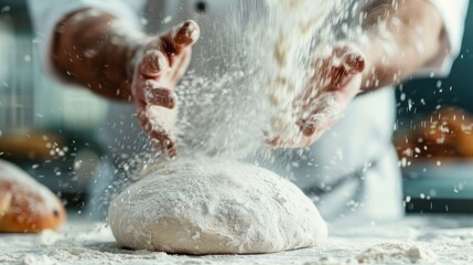 Fototapeta premium A chef's hands expertly kneading fresh dough on a floured surface, capturing the energy and precision of baking preparations in a detailed close-up shot.