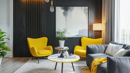 Contemporary space - yellow chairs in monochrome living room