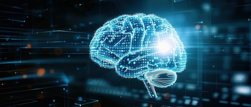 Digital brain with binary code overlay, computer science, data processing