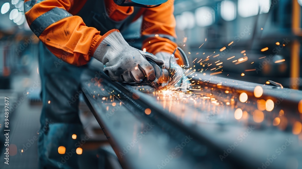 Poster a skilled welder operating in an industrial workshop, creating a shower of sparks as they work on me