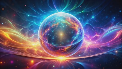 Fototapeta premium Vibrant neon energy sphere surrounded by swirling waves and sparkling particles in a cosmic backdrop, neon, energy, sphere