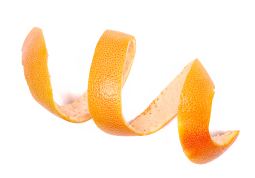 Red grapefruit peels isolated on white background, top view