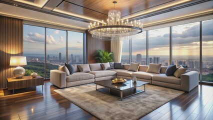 Fototapeta premium Spacious living room with elegant chandelier, modern sectional sofa