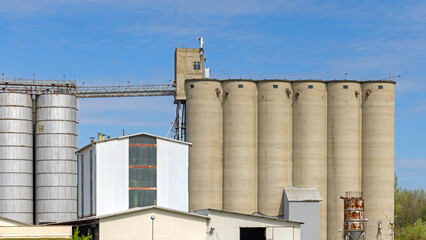 Large Concrete Silo Grain Storage Structure Blue Sky Spring Day