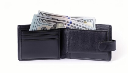 Leather Men's Wallet Opened with Full of Cash, Isolated on White Background