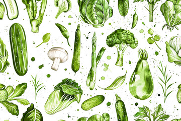 Various set of vegetables in water color paint.organic healthy eating background concepts