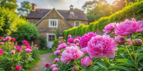 Peonies blooming in a quaint cottage garden, capturing the essence of summer in an English garden, Peonies