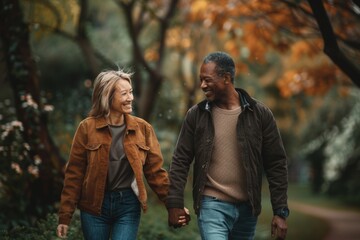 Fototapeta premium Portrait of a tender multicultural couple in their 30s holding hands while walking