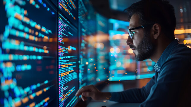 male software developer working on his computer surrounded by glowing screens displaying digital code advanced system for AI technology modern tech development in home office settings