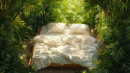 White comfortable bed in bamboo forest, illustration