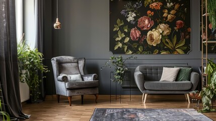 Dark living room with floral wallpaper, grey armchair, sofa, and plant. Real photo