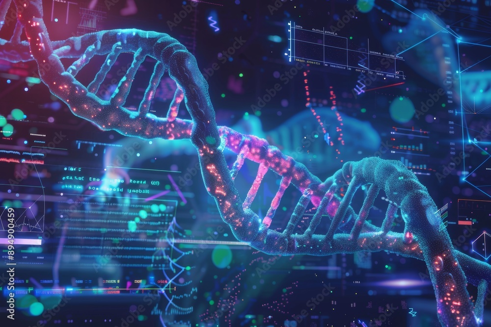 Poster crispr gene editing: futuristic digital interface with dna strand and genetic data visualization