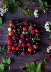 Fresh berries. Red currants, blackberries, blueberries and raspberries in bowls on a large wooden...