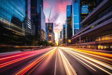 Obraz premium Dusk Descends over Modern Metropolis: A Dynamic Cityscape Photograph Capturing the Dualism of Vibrant City Life against Tranquil Waterfront