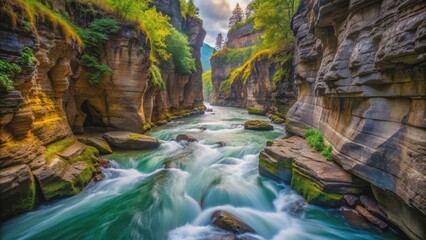 Fototapeta premium Dynamic scene of a rushing river carving through a deep canyon , nature, power, force, rugged, terrain, canyon, river, water