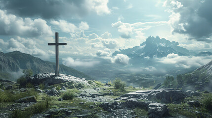 A Christian symbol in a rugged landscape, reflecting faith and spirituality. Suitable for religious events and meditation materials.