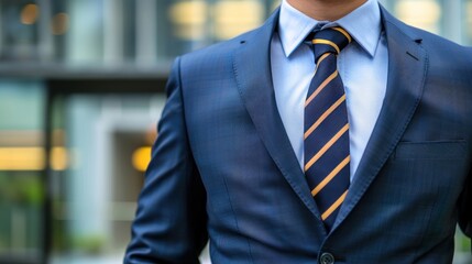 Businessman wearing formal suit with striped tie outdoors