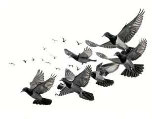 Fototapeta premium Flocks of Flying Birds Isolated on White Background with Clipping Path and Full Depth for Design