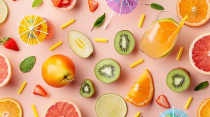 A colorful pattern of various fruit cocktails and smoothies, with straws and umbrellas, high-resolution photo, realistic photo, hyper realistic