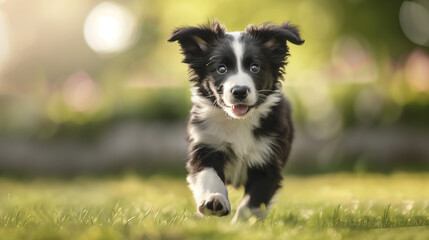 Fototapeta premium cute adorable border collie puppy running towards his owner; green grass as a background; copy space for text
