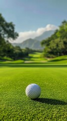 Fototapeta premium Pristine Golf Ball on Lush Green Fairway: Serene Summer Landscape of Upscale Golf Course. Luxurious Outdoor Sport Experience Amidst Nature's Beauty, Capturing the Essence of Leisure and High-End Lifes
