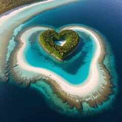 a stunning aerial view of a heart-shaped island surrounded by crystal-clear turquoise water.
