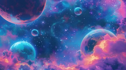 Fototapeta premium Celestial scene with planets and stars in vivid, saturated colors, creating a cosmic dreamscape