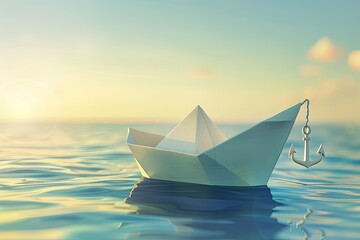 Obraz premium Playful Paper Boat with 3D Anchor in Vector Style on Calm Sea - Concept of Imagination and Charm
