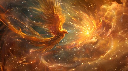 Majestic phoenix rising from its ashes against a backdrop of swirling, fiery skies and twinkling stars