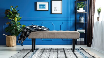 Fototapeta premium Stylish Living Room with Bench, Black Stand, Gray Plaid, Carpet, Blue Wall, and Accessories. Home Decor. Blank Space.