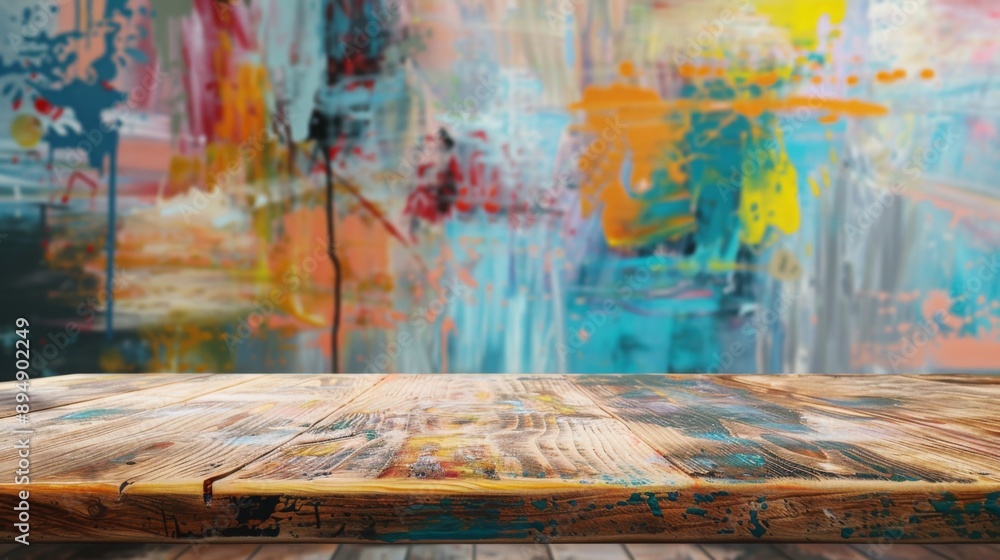 Poster A wooden table with a rough, natural surface sits in front of a blurry backdrop of colorful abstract paint splatters.