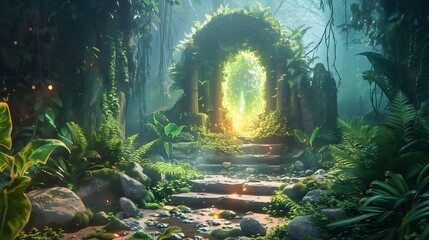 Mystical forest path leading to a glowing portal surrounded by luminescent plants and ancient stones