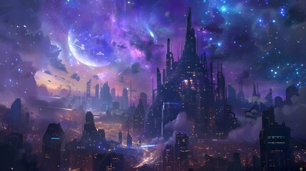 Obraz premium Dreamlike cityscape with futuristic architecture and glowing lights under a starry, otherworldly sky
