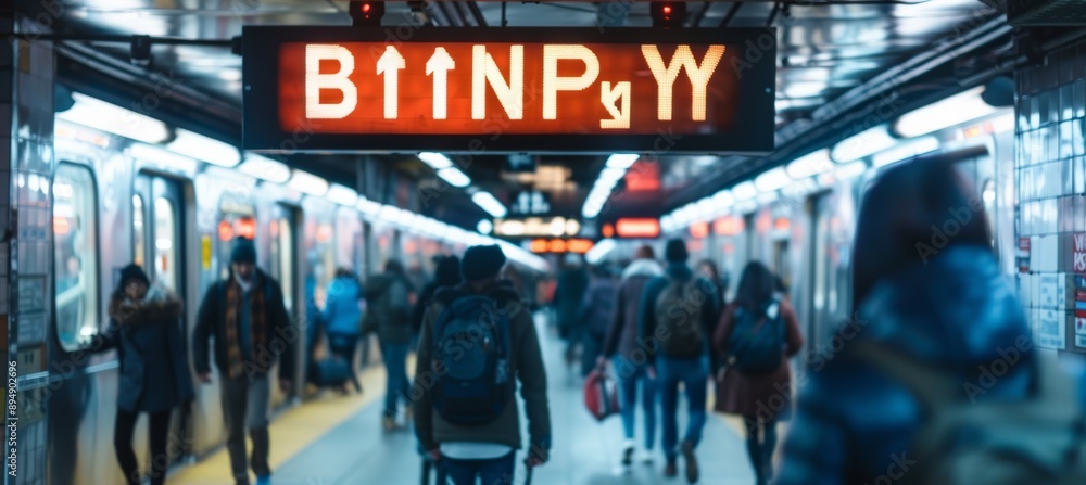 Aufkleber busy subway station with directional signs and crowds of commuters navigating platforms and exits