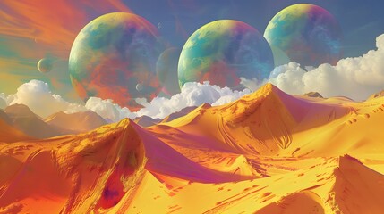 Surreal desert landscape with enormous, colorful dunes and mysterious, floating spheres