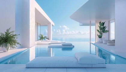 Fototapeta premium Serene Oasis: Minimalist Artwork of a Tranquil Pool Retreat with Water Feature and Comfortable Seating Areas for Relaxation