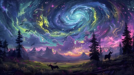 Fototapeta premium Enchanted meadow where mythical creatures graze under a sky filled with swirling, colorful auroras