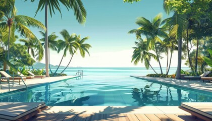 Fototapeta premium Serene Resort Oasis: Tranquil Swimming Pool with Palms and Sunbeds for Ultimate Relaxation