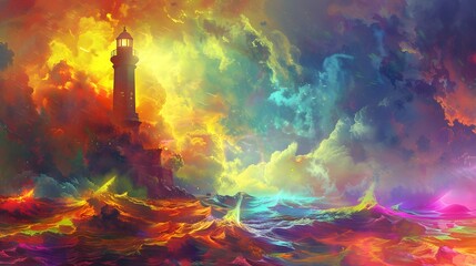Fototapeta premium Ethereal seascape with a surreal, glowing lighthouse guiding ships through vibrant, otherworldly waters
