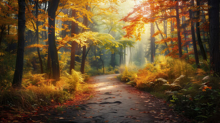 Obraz premium 가을 새벽 울창한 숲 속 사람 없는 산책로