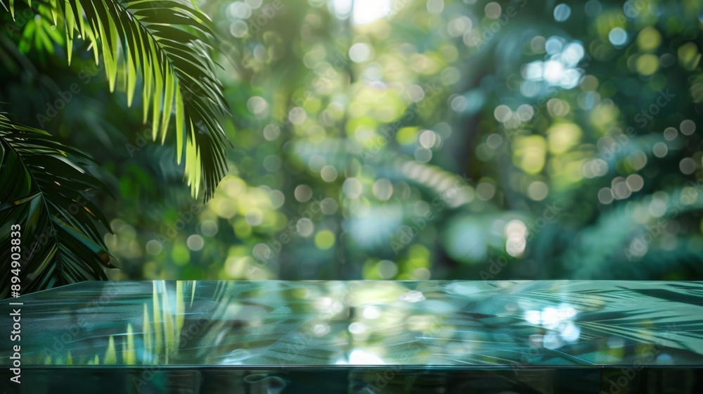 Poster a reflective green tabletop with a blurred background of lush forest foliage and sunlight.