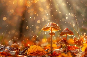 The fall season is the time for mushrooms growing on tree trunks covered in wet moss and fallen leaves, on the forest floor under rain drops and autumnal sun - This is a magic atmosphere in the