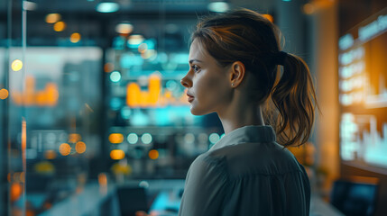 business woman in a modern office with data analysisa displayed on multiple high tech screens with a background of glowing charts and graphs