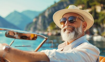 Fototapeta premium Joyful Bearded Senior Embracing Italian Summer Road Trip: Luxurious Convertible Adventure Epitomizing Wealth and Freedom. Exhilarating Vacation Journey Through Scenic Landscapes, Capturing the Essence