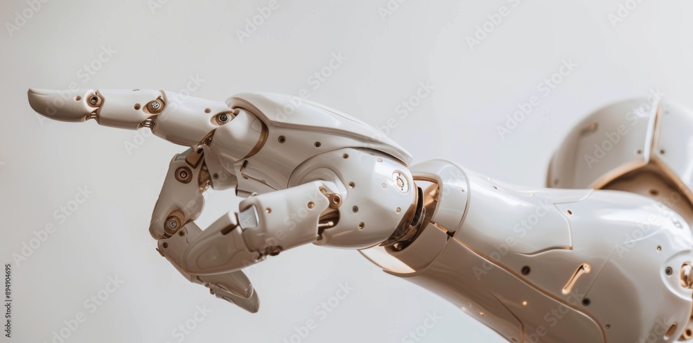 Poster the index finger of a robot's hand is pointing to the sky, showing a gesture, isolated on white