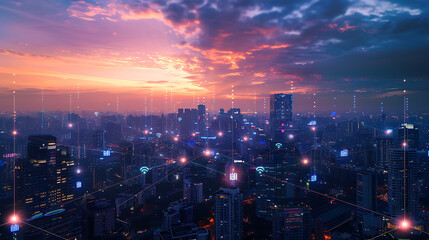 Fototapeta premium Smart City, wallpaper, the modern technology and intelligent communication networks